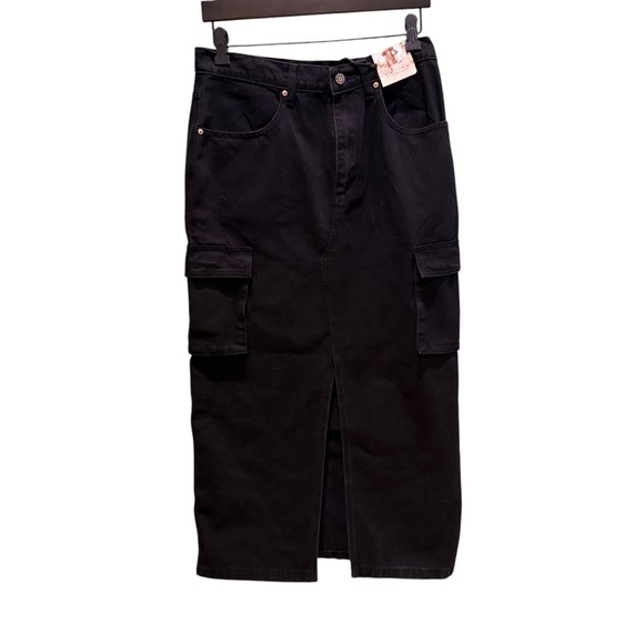 NWT SINCERELY JULES black denim midi cargo skirt slit in front Size 11/29 - Picture 1 of 11